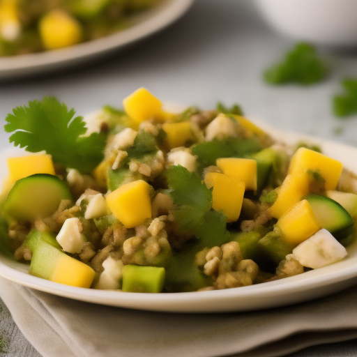 Ensalada de aguacate, mango y camarones con aderezo de cilantro y lima