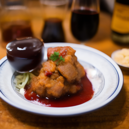 Carne de res con salsa de vino tinto y cebolla caramelizada