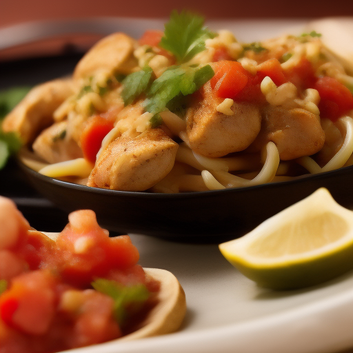 Cena con pollo y pasta en salsa de tomate y vino tinto