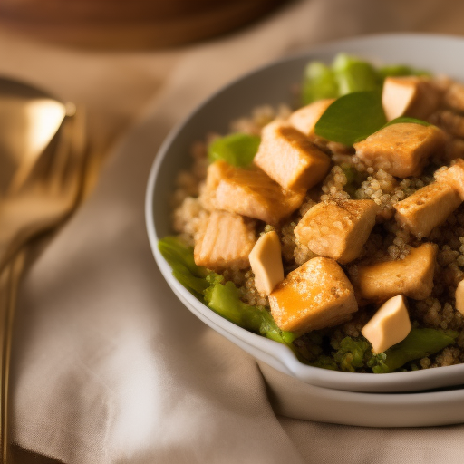 Ensalada de quinoa y pollo con aderezo de miel y mostaza